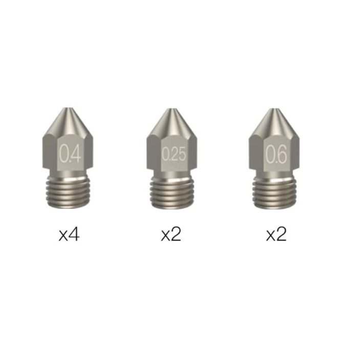 Copper Alloy Hotend Nozzle Sizes (0.25 mm, 0.6 mm, and 0.4 mm) for Creality 3D Printers.