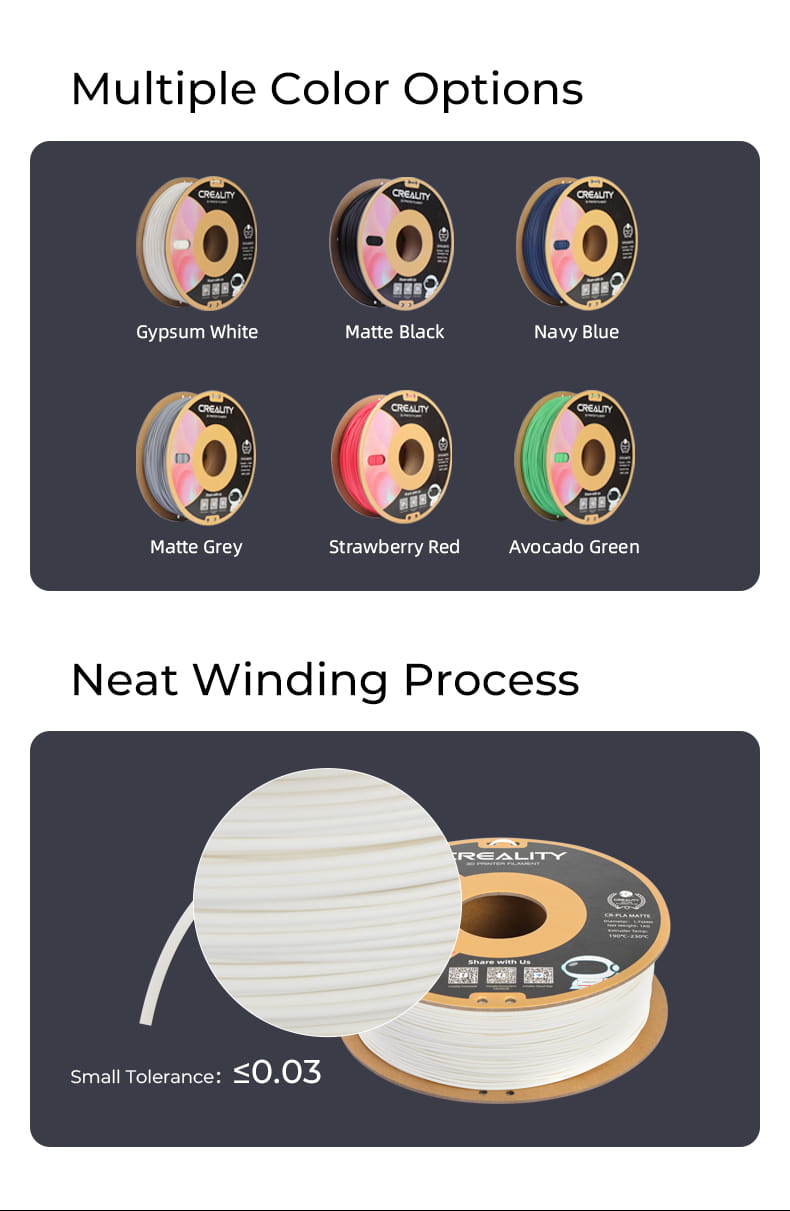 CR-PLA Matte 3D printing filament is available in multiple colors.