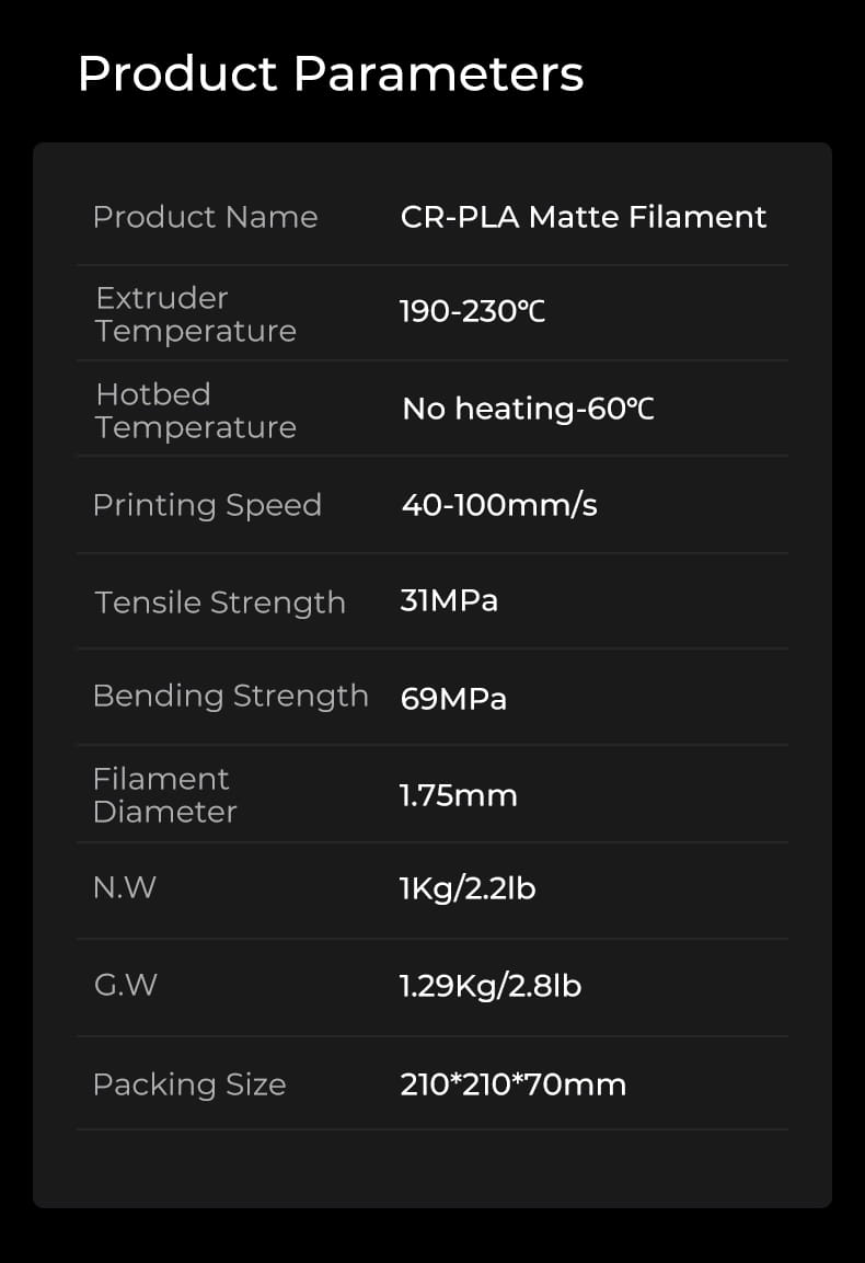 CR-PLA Matte 3D printing filament parameters and characteristics.