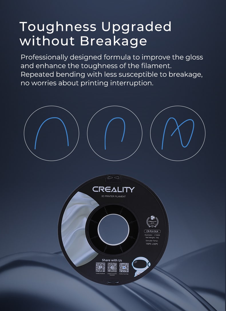 CR-Silk 3D Printing Filament is less susceptible to breakage.