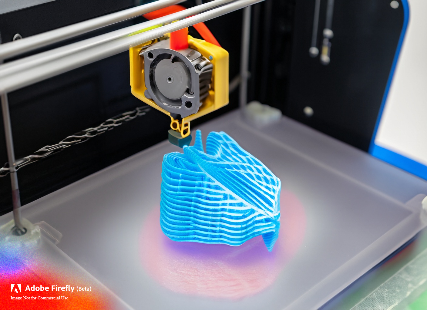 A colorful 3D printer creating an object with polypropylene filament, demonstrating the material's versatility and durability. طابعة ثلاثية الأبعاد ملونة تقوم بإنشاء كائن باستخدام خيوط البوليبروبيلين، مما يوضح تعدد استخدامات هذه المادة ومتانتها.