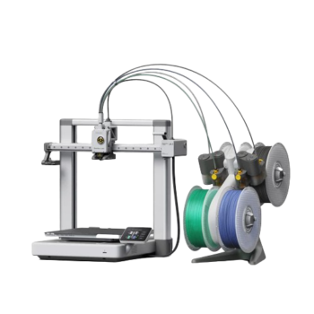 Bambu Lab A1 Combo 3D printer with AMS Lite system printing a multi-color object on a compact desktop setup
